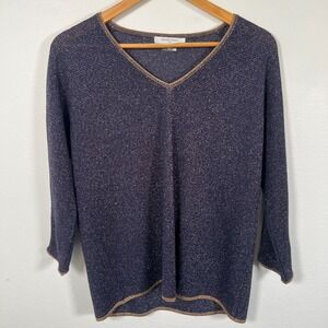Gerard Darel Womens Knit Top Sz M Metallic Blue V Neck Party Disco Italy Evening